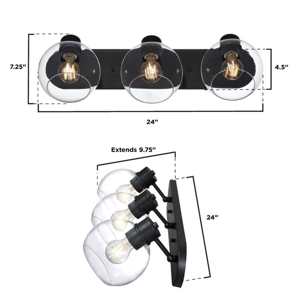 Hyson Three Light Wall Fixture, Matte Black & Clear Glass