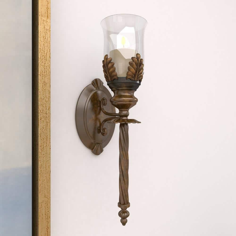 DecMode Brown Metal Leaf Candle Wall Sconce with Twisted Base