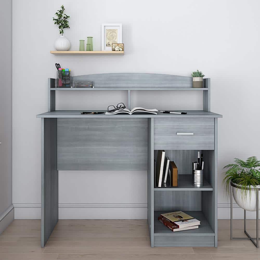 Modern Office Desk with Hutch Gray - Techni Mobili: Laminated Particle Board, Storage Hutch