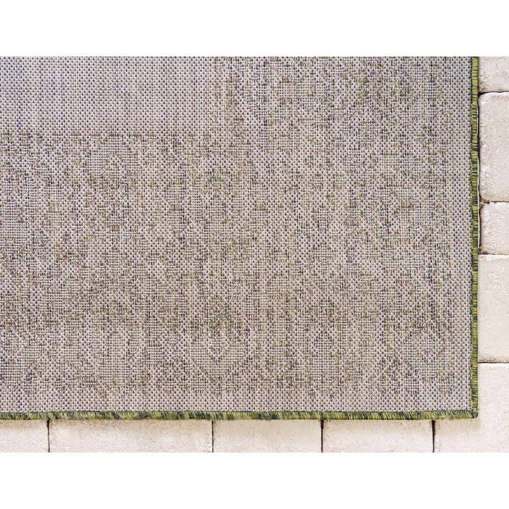 Unique Loom Outdoor Border Collection Area Rug - Floral Border (9' x 12' Rectangle Green/Ivory)