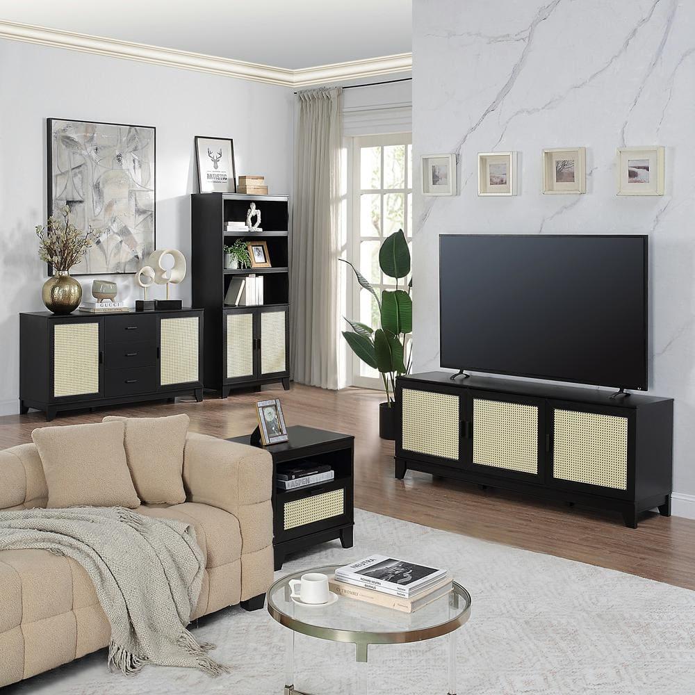 Sheridan Modern 6 Shelf Cane TV Stand for TVs up to 55" Black - Manhattan Comfort