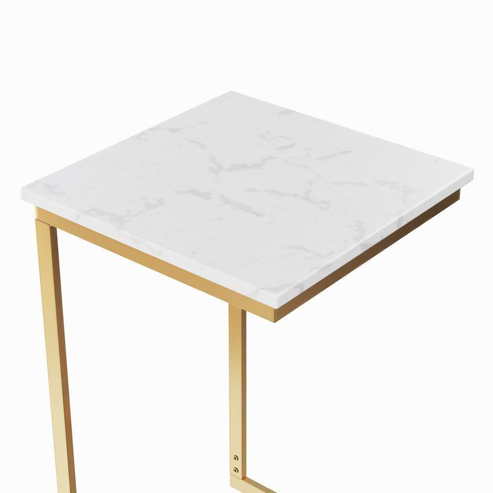 C-Shaped End Table - Real Marble Side Table with Gold Iron Frame for Couch, Loveseat, or Bed - Modern Living Room Furniture by Lavish Home (White)