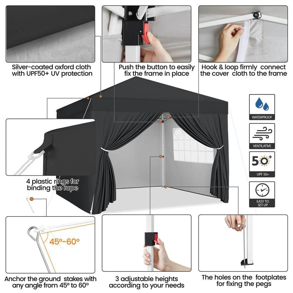 Yaheetech 8x8 Pop Up Canopy with 4 Removable Sidewalls, Portable Enclosed Instant Tent, Waterproof Outdoor Tent, Beach Sun Shelter with 4 Sandbags, 8 Stakes & 4 Ropes, Black