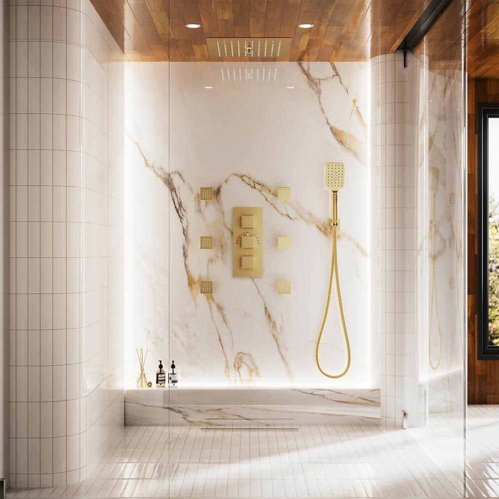 12" Flush Mounted Luxury Thermostatic Rainfall Shower System with LED and 6 Body Jets