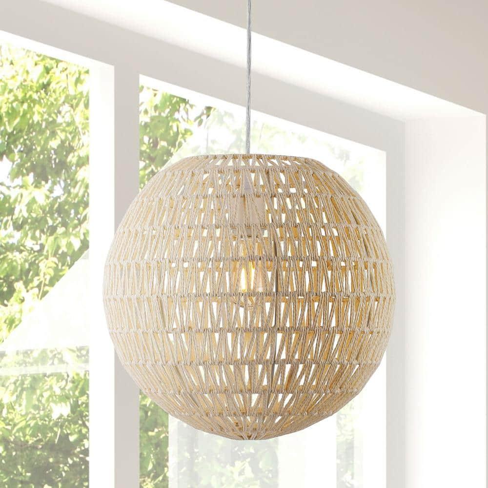 Luna 15.75" 1-Light Bohemian Modern Woven Rattan/Iron LED Pendant, Cream/White
