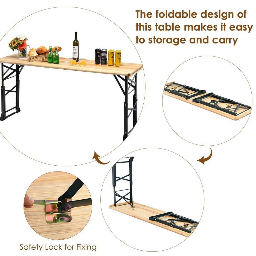 Costway 66.5" Outdoor Folding Wood Picnic Table Height Adjustable Metal Frame