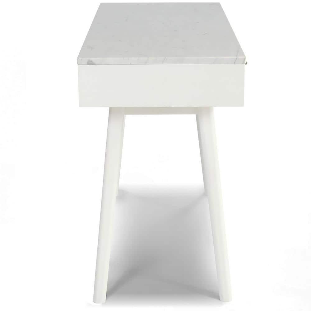 The Bianco Collection Viola 44" Rectangular Italian Carrara White Marble Writing Desk with White Legs