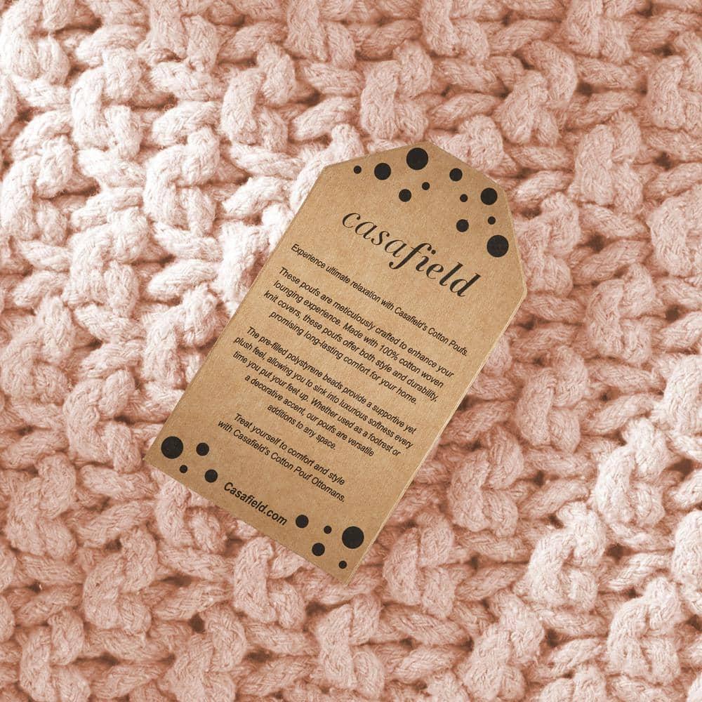 Casafield Square Pouf Ottoman, Light Pink - 18.5" W x 18.5" D x 14.5" H Cotton Knit Foot Stool - Boho Floor Pouffe for Living Room