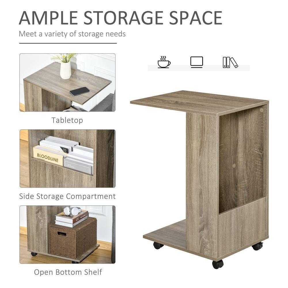 HOMCOM C-Shaped Sofa Side Table Mobile End Table with Storage and Wheels for Living Room, Bedroom, Office