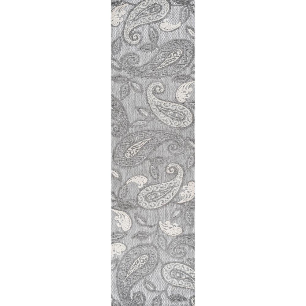 2'x10' Julien Paisley High-Low Indoor/Outdoor Area Rug, Light Gray - JONATHAN Y