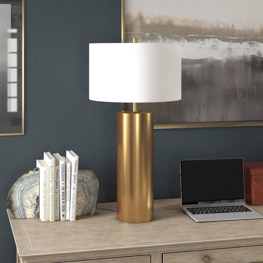 Evelyn&Zoe York 29.5" Mid-Century Modern Metal Table Lamp with White Drum Fabric Shade