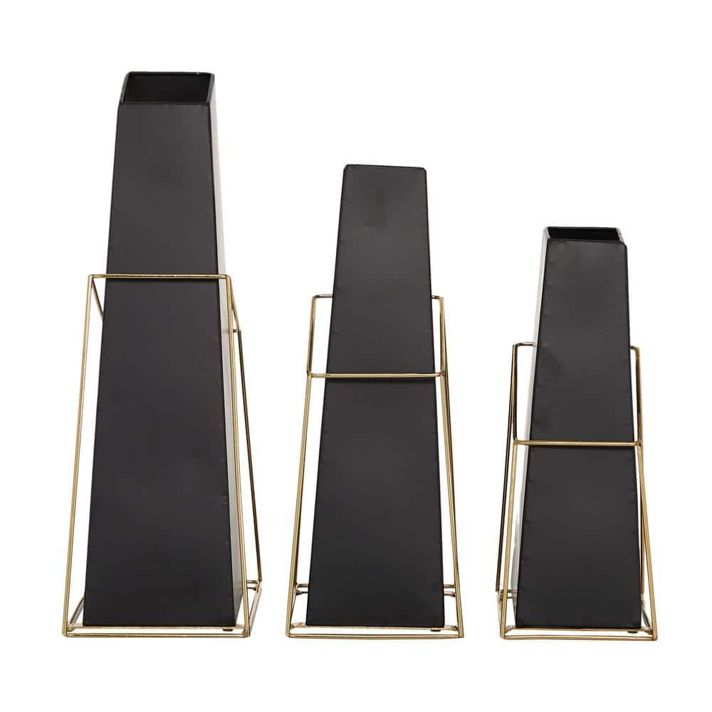 DecMode 10", 12", 14"H Black Metal Vase with Gold Wire Accents, Set of 3
