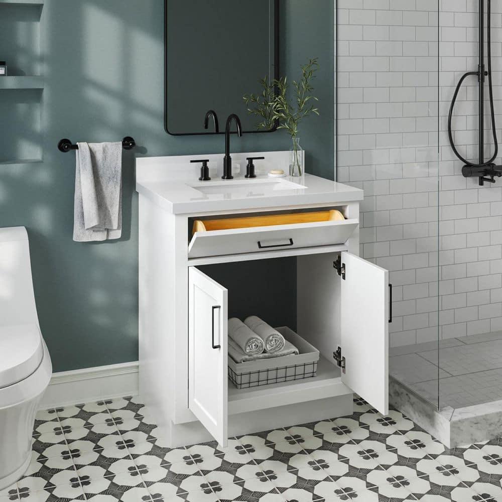 Thornaby 30'' Solid Wood Single Bathroom Vanity with 1.5'' White Quartz Top, Oval Sink