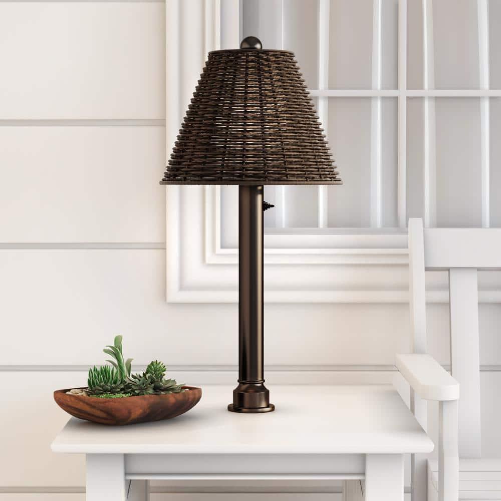 Umbrella Table Lamp 26784 with 2" mocha cream wicker and bronze tube body, straw linen shade fabric-Color:Walnut and Bronze