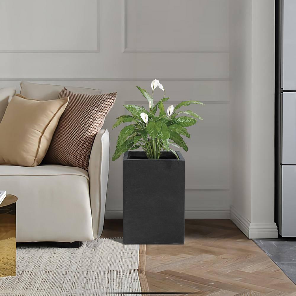 Kante 16"H Charcoal Finish Concrete Tall Square Planter, Outdoor/Indoor Lightweight Planters Pots with Drainage Hole
