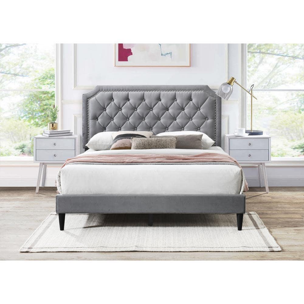 Urban Home Furniture Ava Plush Velvet Tufted Buttoned Upholstered Headboard Clipped Edge Nailhead Decorated Platform Bed Frame with Wood Slats Support Legs Queen - Charcoal Grey