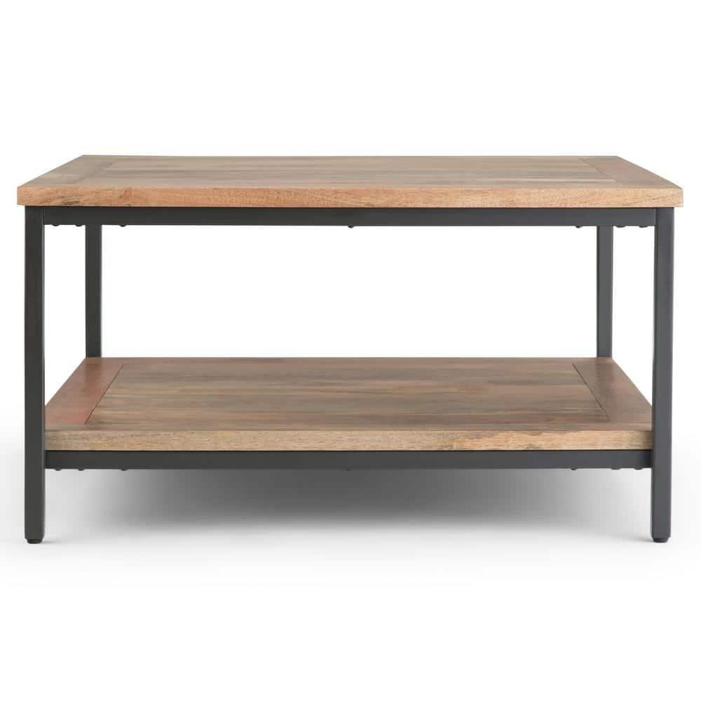 Simpli Home Skyler 34"W Solid Mango Wood Industrial Square Coffee Table with Open Shelf and Metal Frame