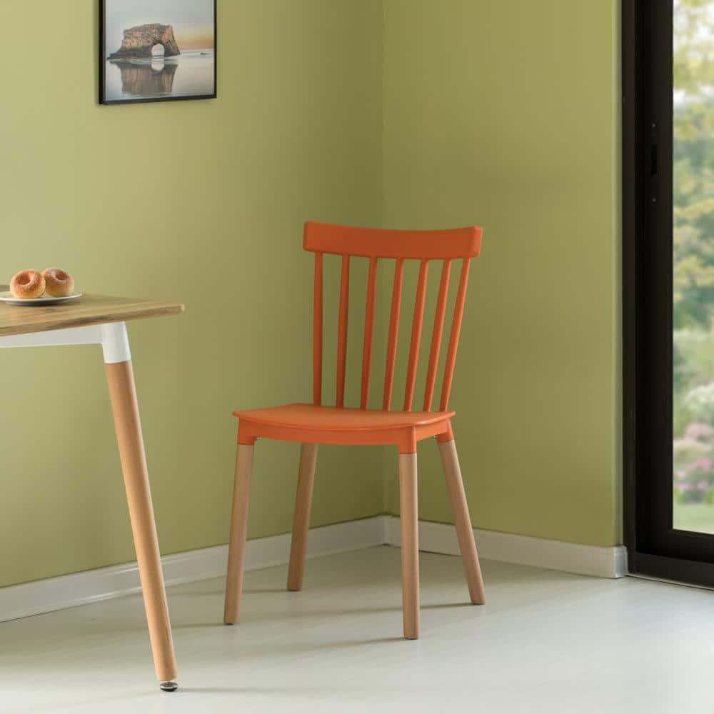 Fabulaxe Plastic Dining Chair Windsor Design with Beech Wood Legs, Orange