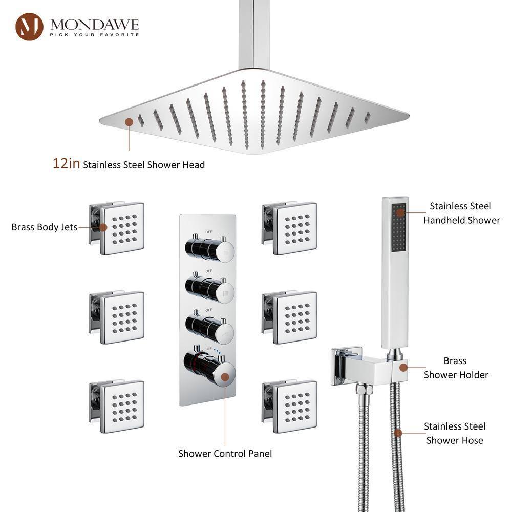 Herathena 3 Functions Ceiling Mounted Luxury Shower System with 6 Body Jets (Rough-in Valve Included)