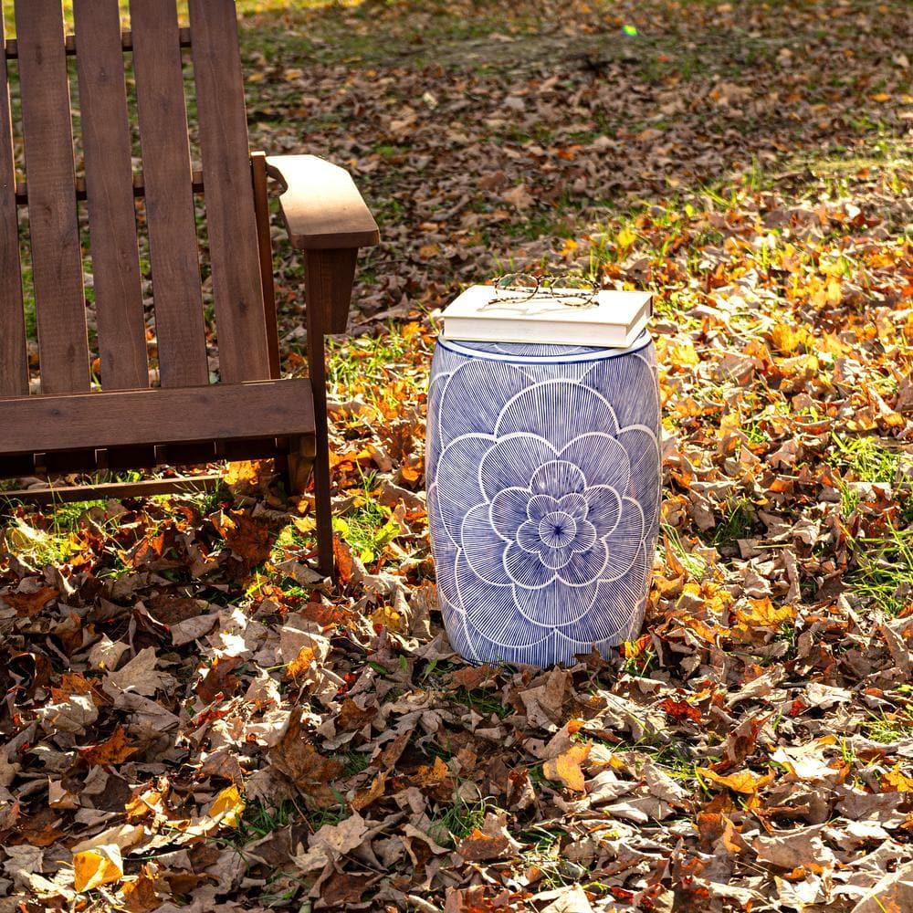 JONATHAN Y Camellia 17" Ceramic Drum Garden Stool, Blue