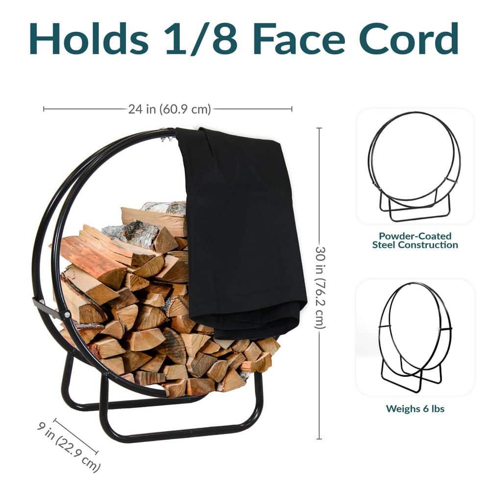Sunnydaze Outdoor Heavy-Duty Steel Firewood Log Hoop Storage Rack with Weather-Resistant PVC Log Hoop Cover - 24" - Black
