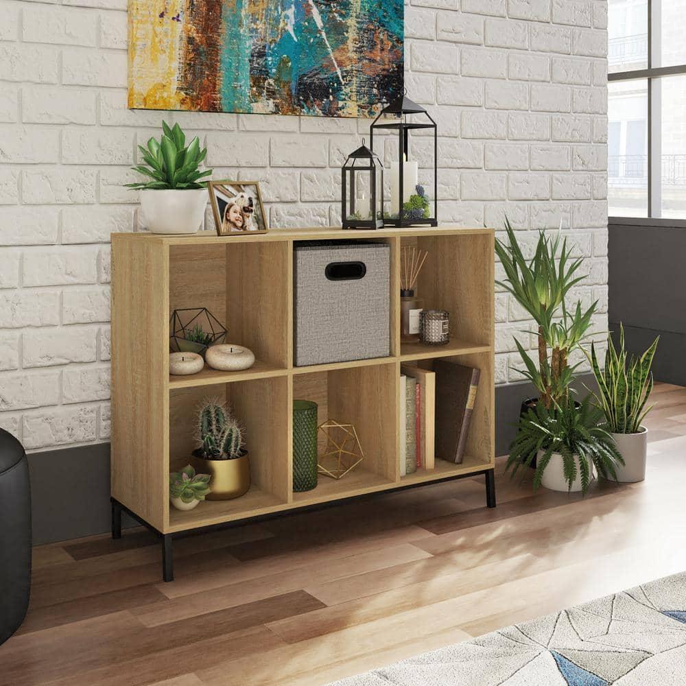 Sauder 27" 6 Cubbies North Avenue Organizer Charter Oak: Modern Metal Frame, 4-Shelf Bookcase, Brown Finish: Storage System Compatible