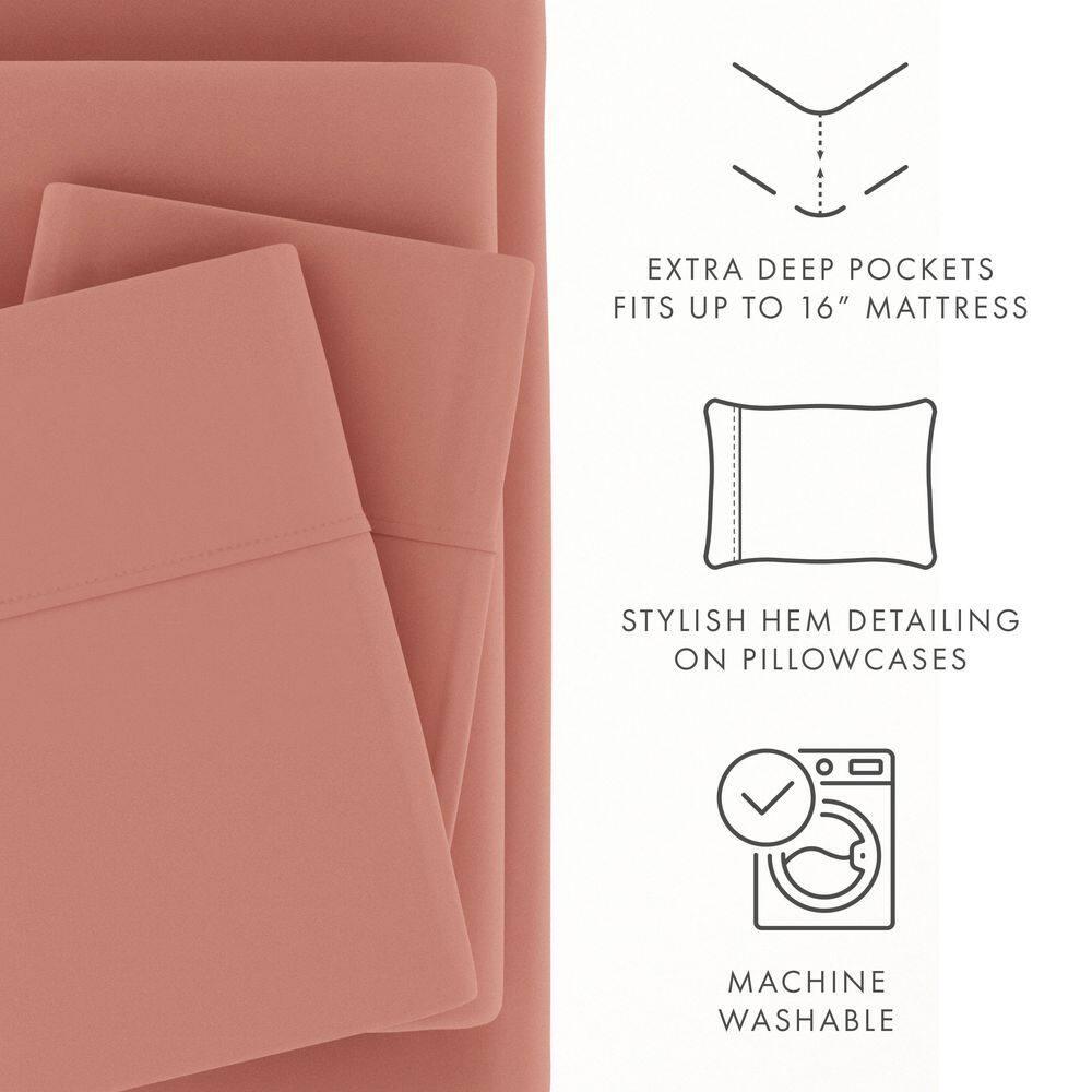 Noble Linens 4 Piece Solid Microfiber Bed Sheet Set, Clay, Queen