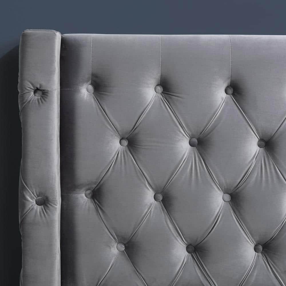 Best Master Wood Frame King Platform Bed with Tufted Velvet Upholstery in Gray