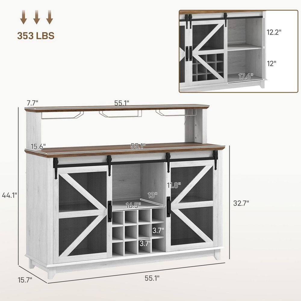 Homiyad 55" Coffee Bar Cabinet with Lights, Farmhouse Wine Cabinet with Wine and Glass Racks for Kitchen, Dining Room, White