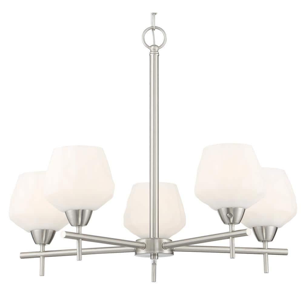 Sleek Brushed Nickel 5-Light Chandelier with Etched Opal Glass Shades