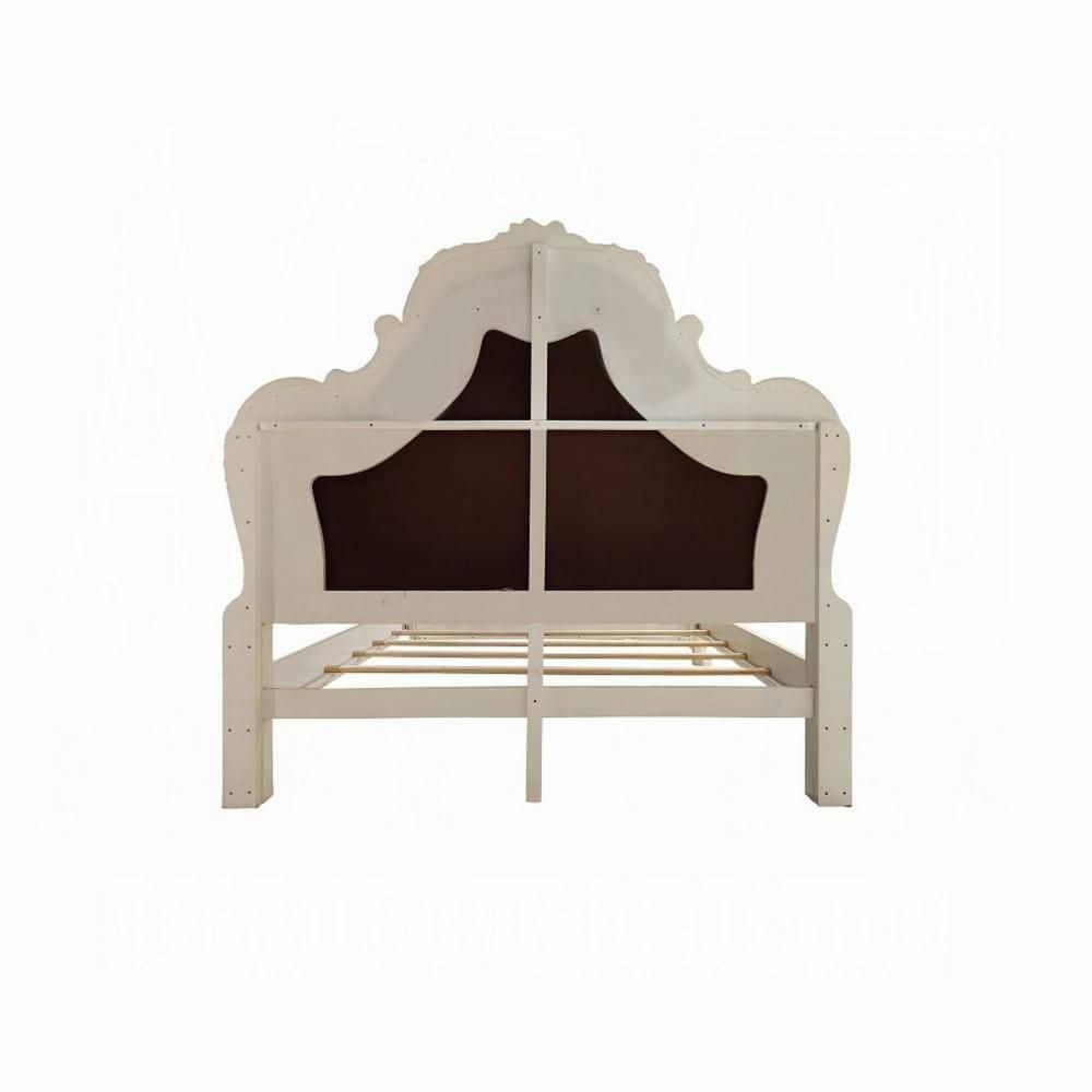 Benjara Ally Bed, Classical White Faux Leather Victorian Carved Wood