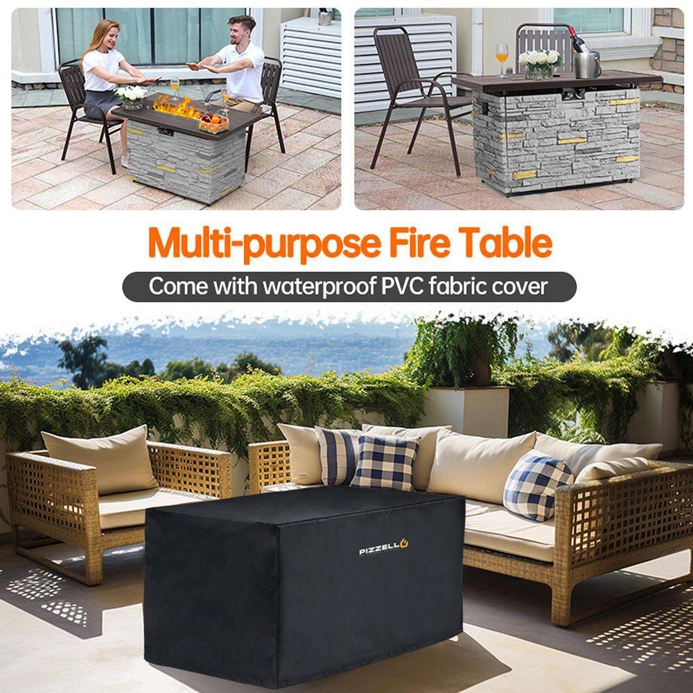 43" Propane Fire Pit Table Outdoor Rectangular Stone Firepit Table 50000 Btu Propane Fire Tables for Outside Patio with Glass Wind Guard, Lid, Fire Glass Beads, Pizzello Caldo (Gray Stone)