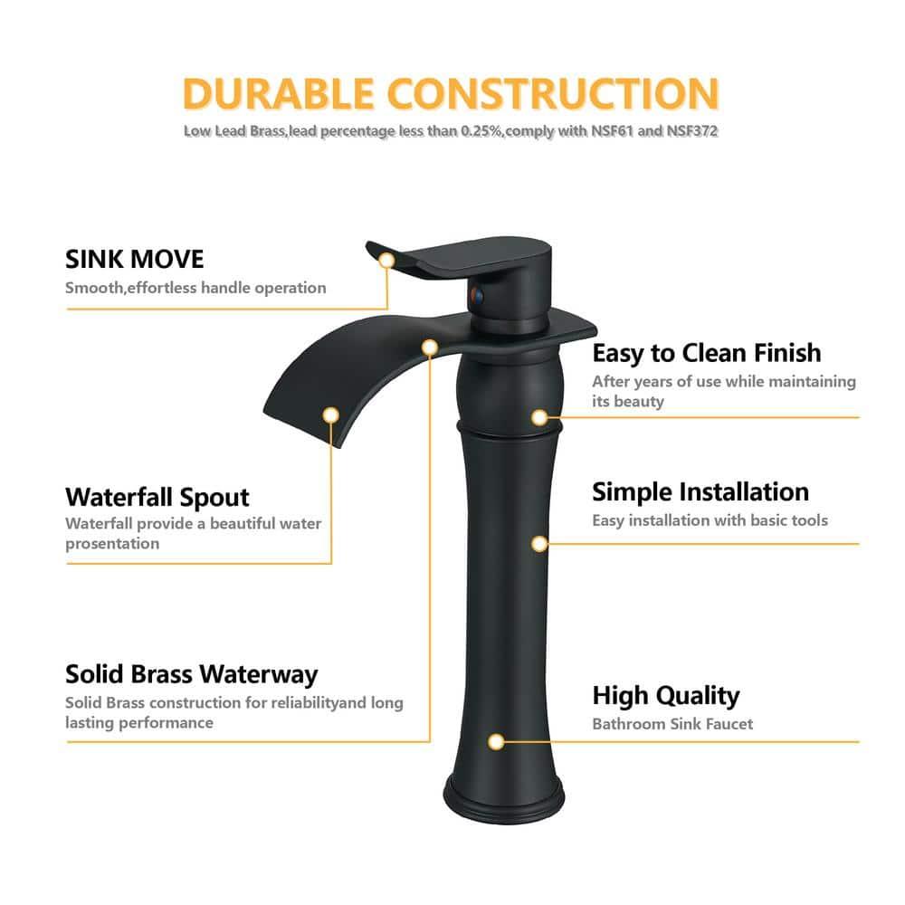 Homevacious Bathroom Vessel Sink Faucet Waterfall,Matte Black Bathroom Faucet Single Handle,Single Hole Bowl Vanity Sink Faucet,with Pop Up Drain and Supply Lines,Commercial Lavatory Mixer Tap