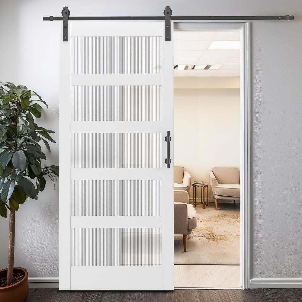 ZHOUJIA 36In X 84In Glass Barn Door White Sliding Barn Door Slab with 5 Frosted Glass