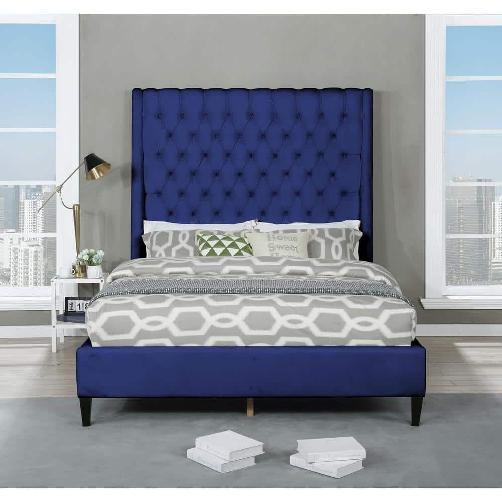 Best Master Bellanova Navy Blue Tufted Velvet Queen Platform Bed