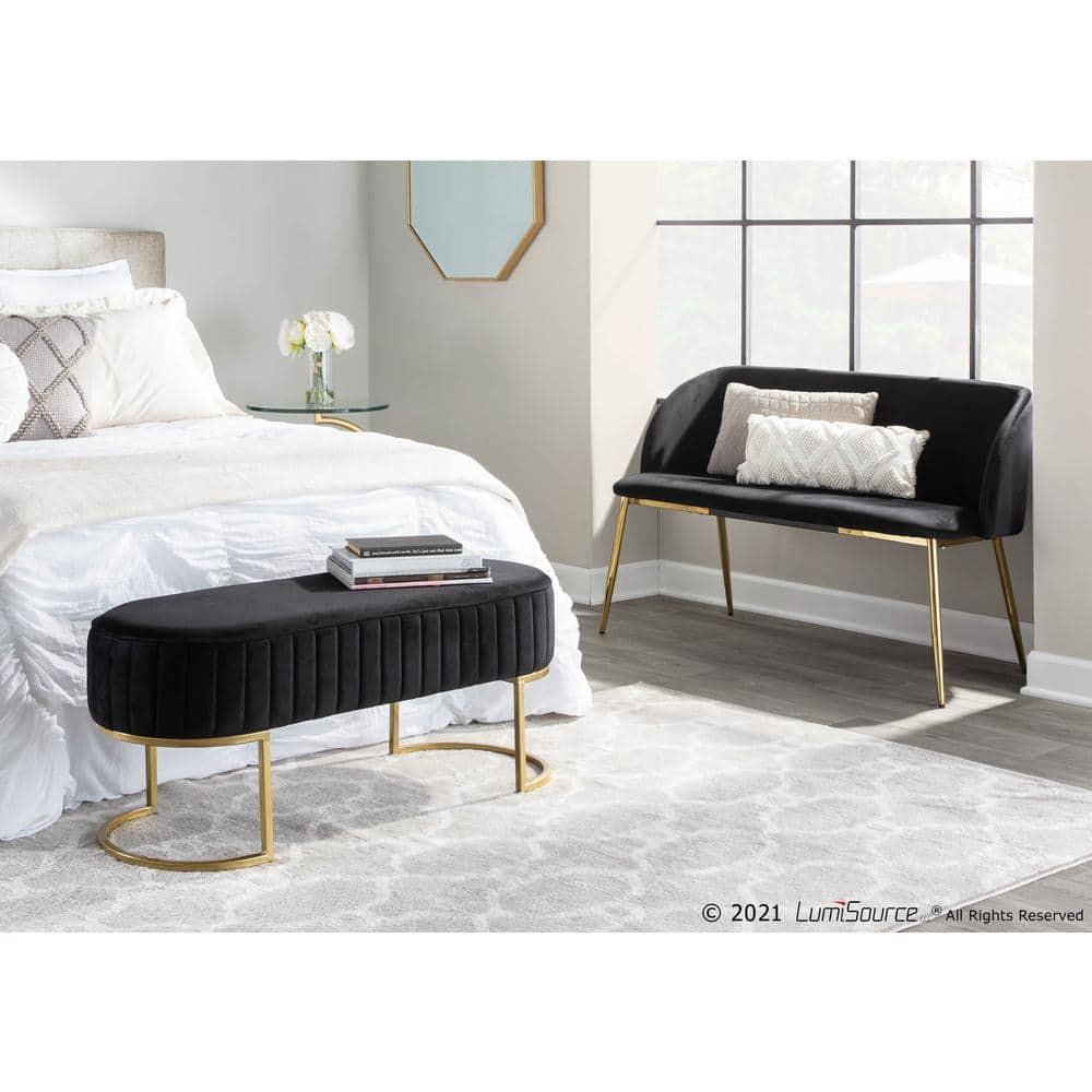 46" Fran Glam Bench Steel/Velvet Gold/Black - LumiSource: Upholstered Banquette with Padded Back