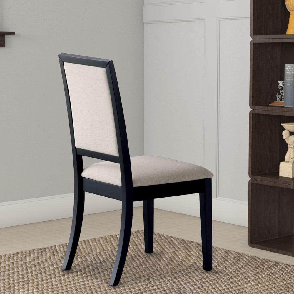 Benzara Wooden Dining Side Chair With Cream Upholstered seat And Back, Black, Set of 2