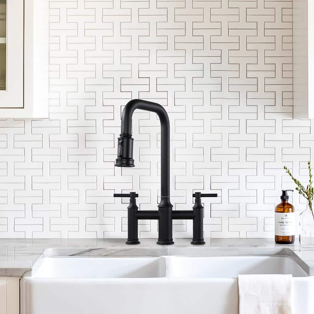 WOWOW 2318901B Bridge-Style Kitchen Faucet With Dual Handles And A Pull-Down Spray Head, Designed For Installation On A 3-Hole Kitchen Sink