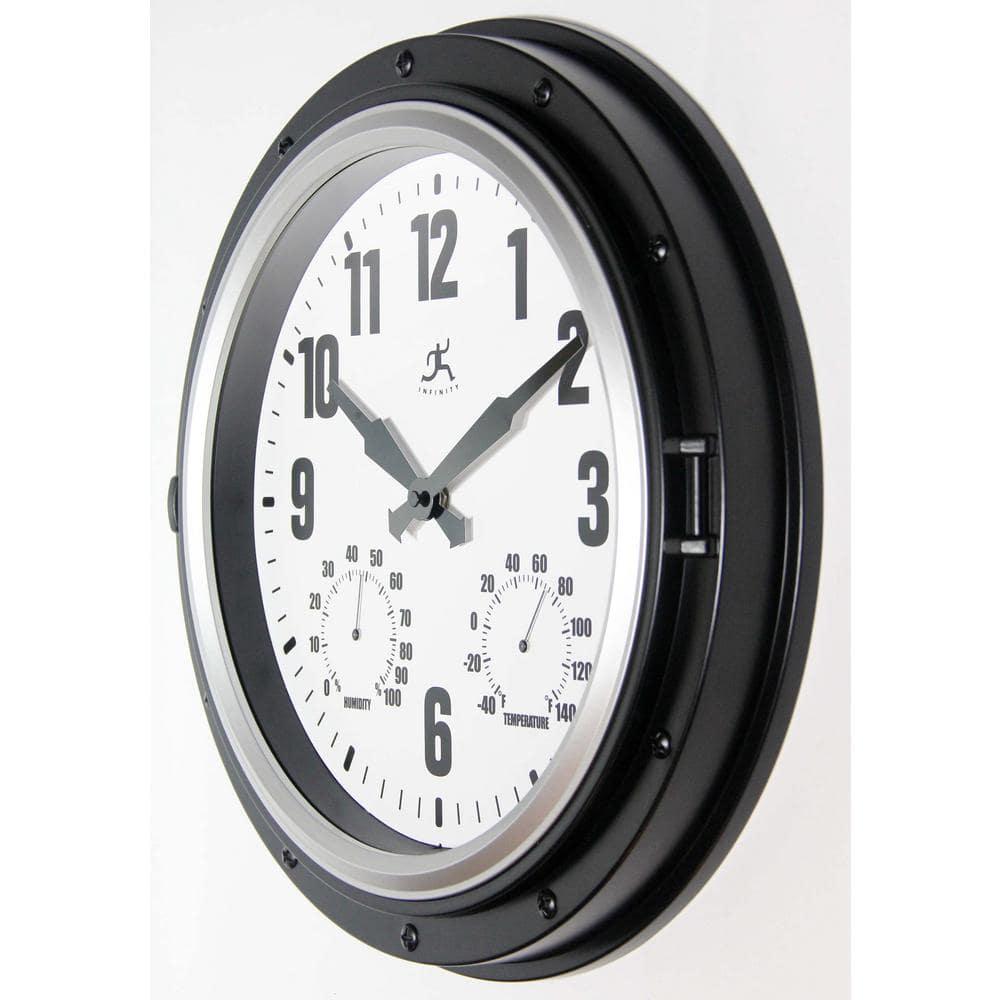 16" Forecaster Wall Clock Silver - Infinity Instruments: Modern Analog, Outdoor Use, Thermometer Feature