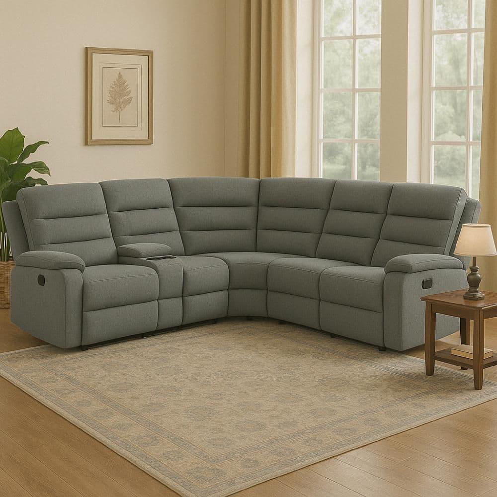 Benjara 106 Inch 3 Piece Sectional Sofa Manual Recliner, Dual AC/USB, Smoke Gray-Color:Gray,Material:smoke linen