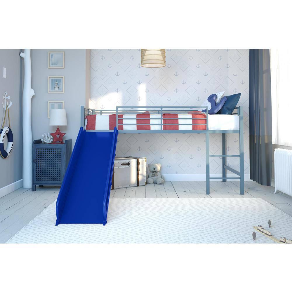 DHP Lively Junior Twin Metal Loft Bed, Silver with Blue Slide