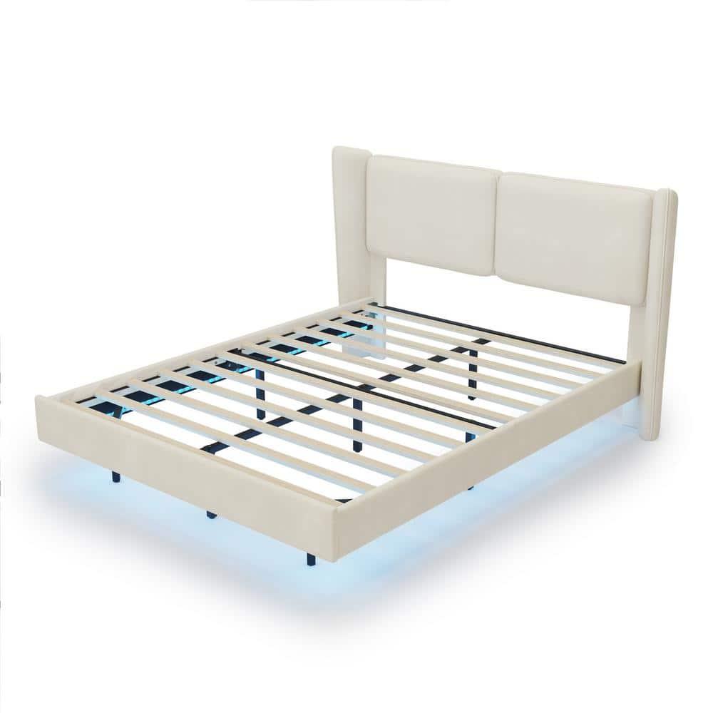 Holaki Full Size Bed Frame,Modern Style Velvet Fabric Floating Bed Frame with LED Lights Wingback Upholstered Bed No Box Springs Needed,Full Size,Beige