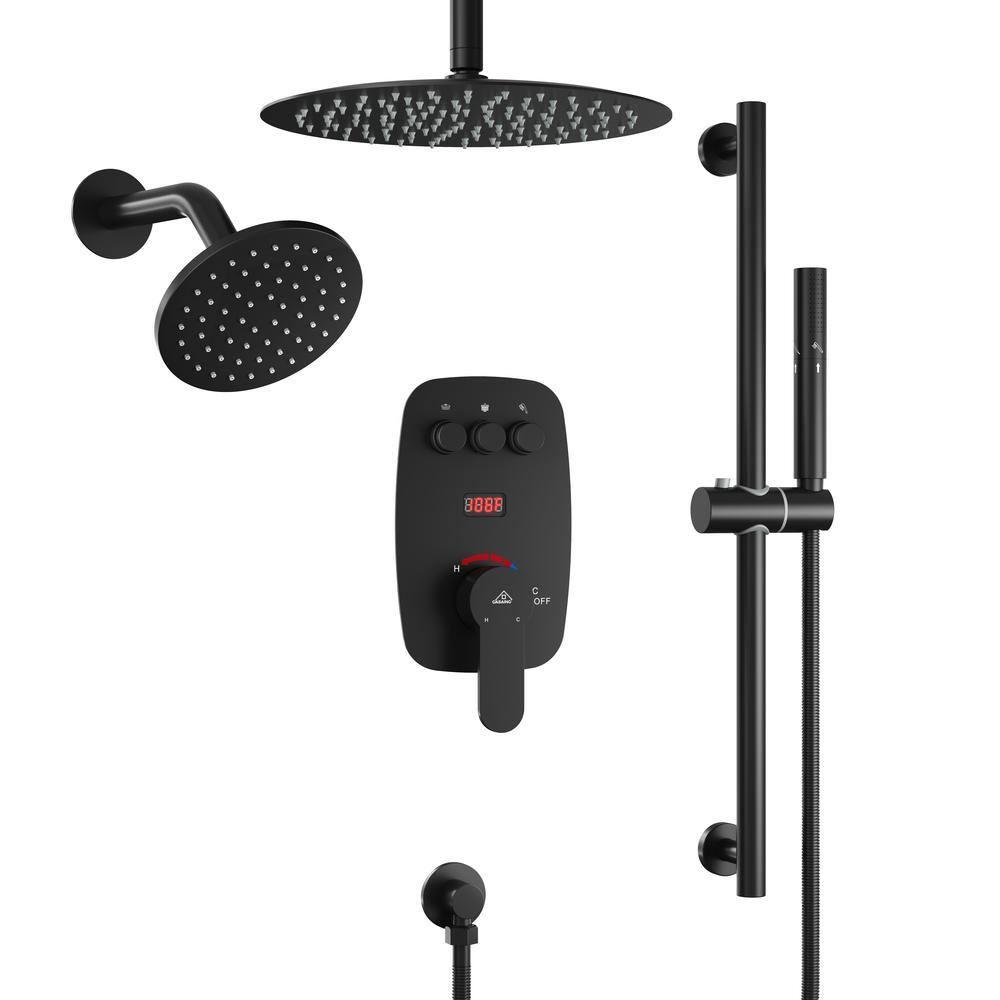 Rainfall Symphony 12inch Dual Showerhead Temperature Display Shower System with 2 in 1 Slider Bar Shower Handheld