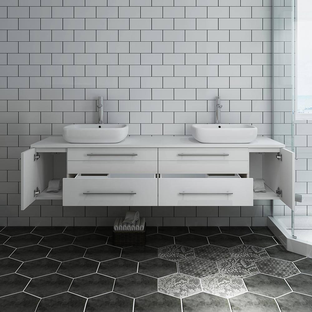Fresca Lucera 72" Solid Wood Bathroom Cabinet with Double Vessel Sinks in White