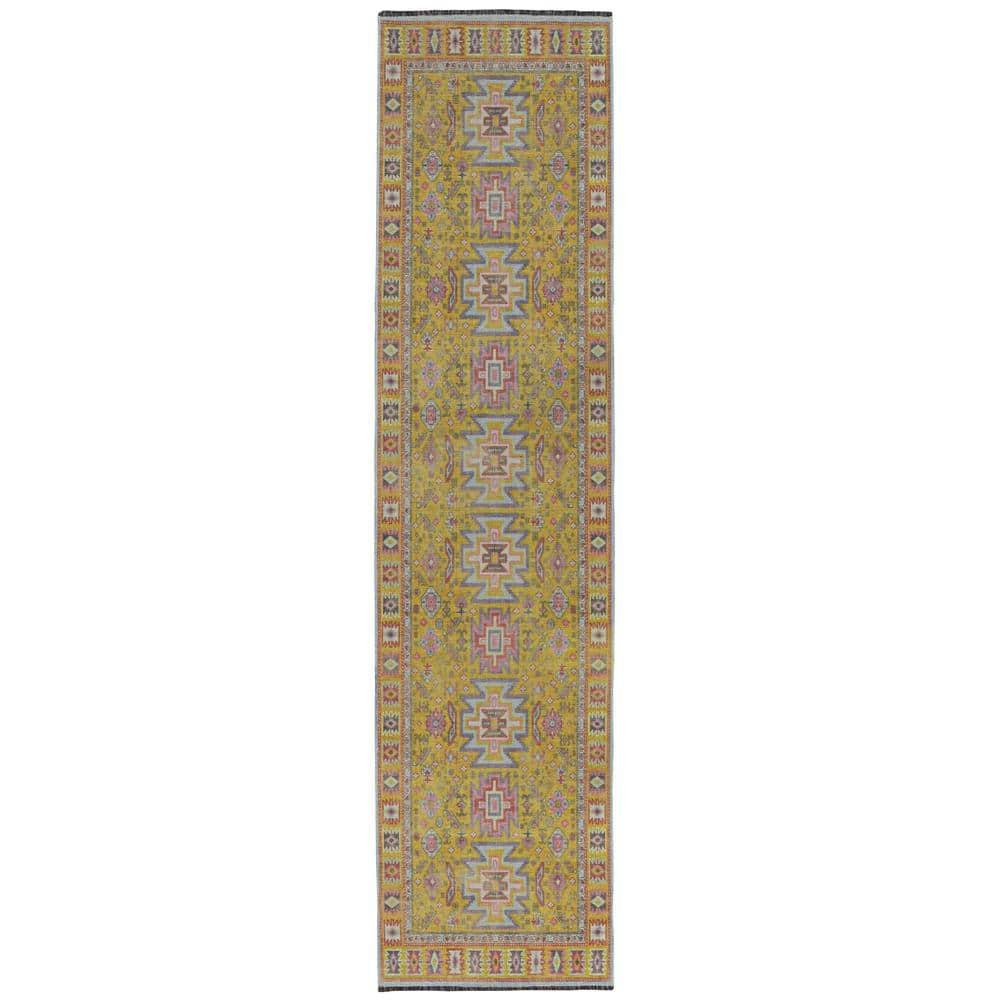 Linon Logan Sivas Polyester 2' X 10' Runner Rug in Yellow and Ivory