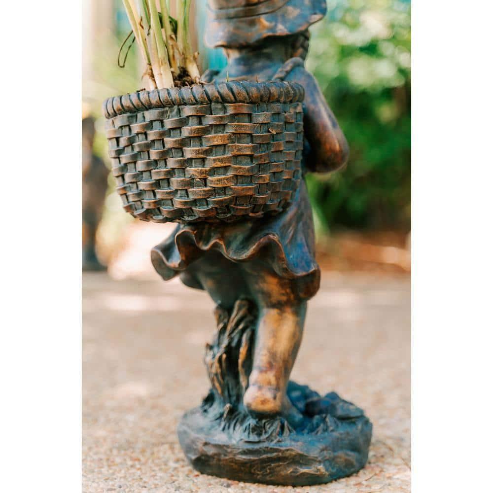 24in.H Faux Bronze Magnesium Oxide Walking Girl Garden Statue w/Small Flower PlantPot, Outdoor, Natural Design Sculpture