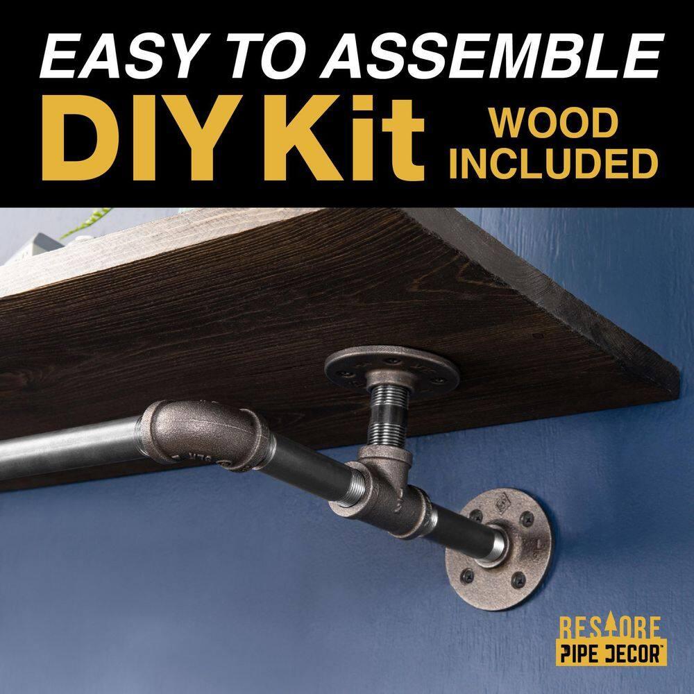 PIPE DECOR  24" Wall Mounted Clothing Rack with Wood Shelf and Industrial Steel Pipe Boulder Black