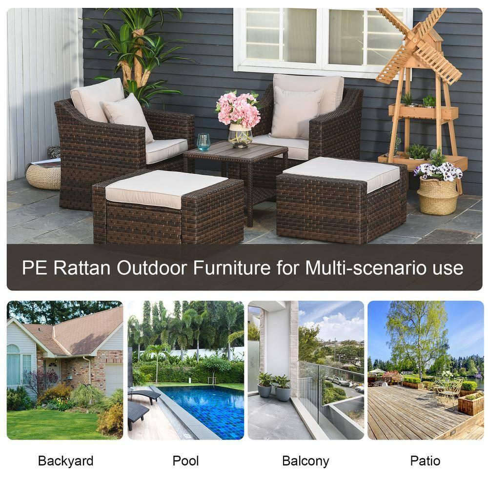 Outsunny 5 Piece Patio Furniture Set, All Weather PE Rattan Conversation Chair & Ottoman Set w/ Table, Cushions & Pillows Included, Beige