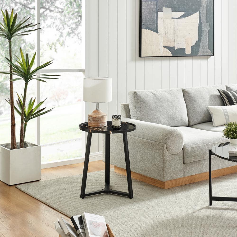 Danya B. 23.3"x19.7" Harper Round Mid-Century Side Accent Table with Modern Pedestal Legs Black Marble/Black: Chic Furniture for Living Room