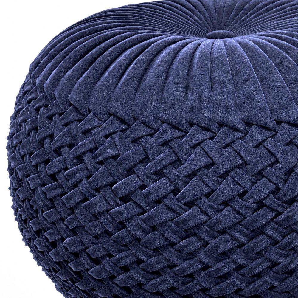 Simpli Home Grafton Transitional Round Pouf in Dark Blue Velvet Fabric